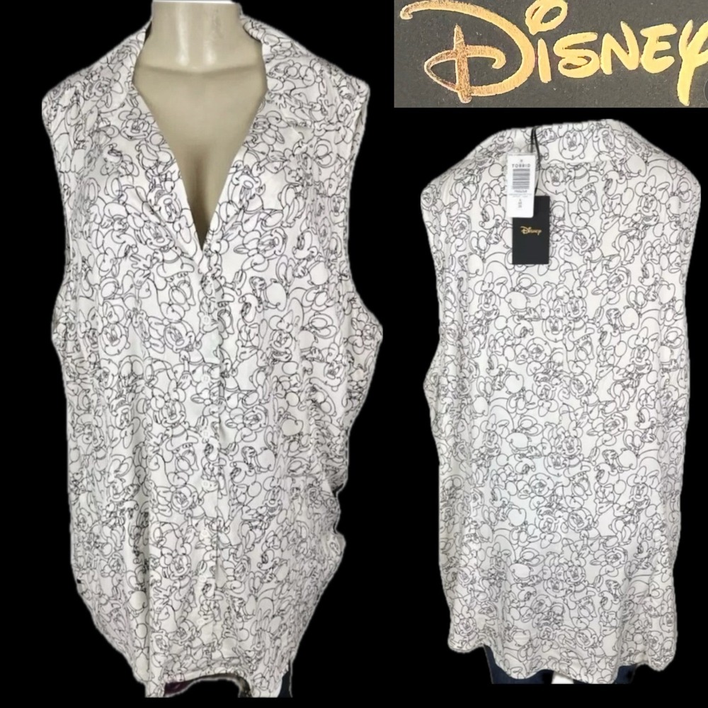 Disney 5X Minnie Mouse Art Graphic Sleeveless Blouse Button Collar Black White